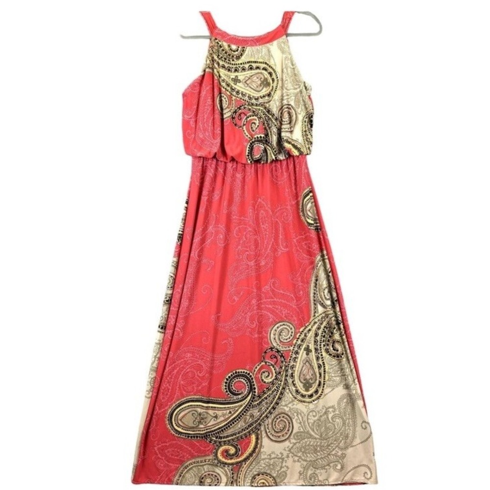 Chico's Contrast Paisley Hope Blouson Sleeveless Coral Maxi Dress Size 2 L